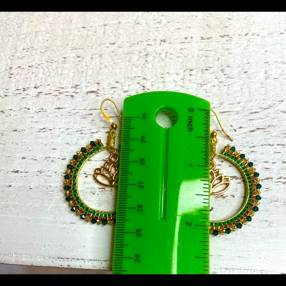 Boho Lotus Flower Green Hoop Beaded Earrings - Picture 5 of 8